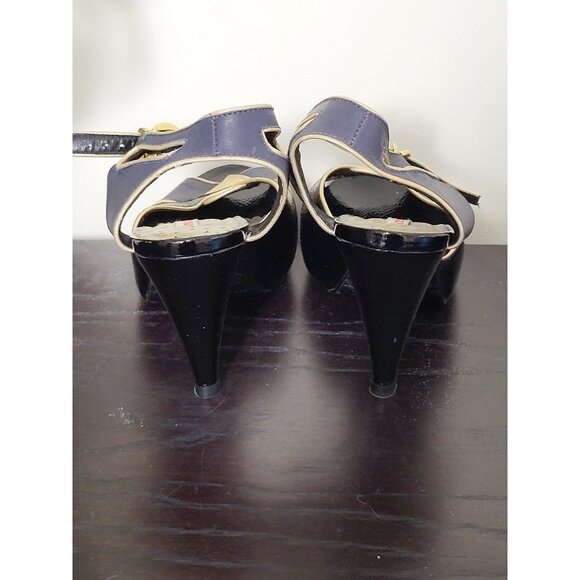 Colcci Black & Navy Peep Toe Leather Heels with Gold Trim Size 7 - Picture 4 of 8